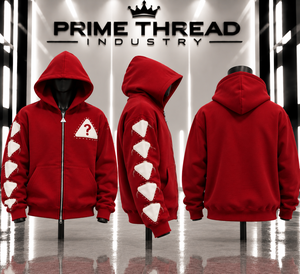 Wholesale Custom Men’s <b>Red</b> Zip Up Hoodie Distressed Applique Patch Hoodie Rhinestone Studded Sleeve Oversized Streetwear Hoodie - Product Image 4