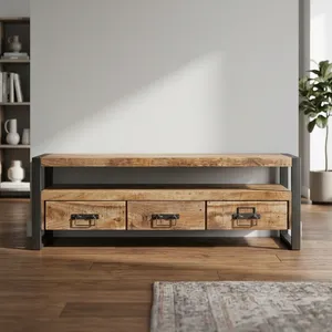 Meuble TV rustique en bois à 3 tiroirs avec cadre en fer noir, console multimédia industrielle pour salon - Product Image 5
