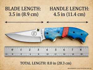Couteau utilitaire pliant OEM avec manche composite bleu, espaceur en résine rouge, lame en acier, tige d'affûtage et étui en cuir véritable - Product Image 6