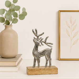 Personalized Metal Stag Christmas Ornament On Wooden Plinth Elegant Silver Deer Statue Centerpiece for Holiday Mantel <b>Decor</b> - Product Image 4