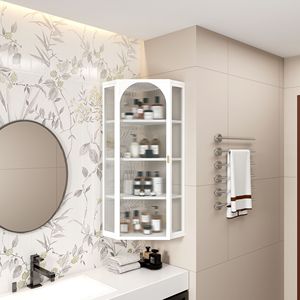 Armadio a parete con angolo di stoccaggio a quattro livelli bianco con porta in vetro per camera da letto soggiorno bagno o cucina - Product Image 1