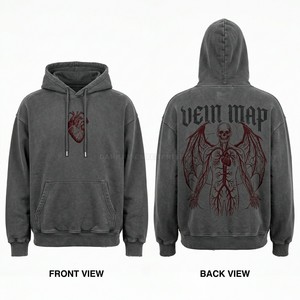 Wholesale Men Vintage Grey Hoodie Custom Skeleton Wing Graphic Pullover Heavy Fleece Streetwear Fashion Hooded Sweatshirt OEM - Product Image 1