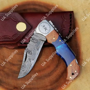 Couteau de poche pliant utilitaire en acier Damas avec verrouillage arrière, manche en bois et époxy, pointe tombante 3,5 pouces, 58-60 HRC, léger et durable - Product Image 6