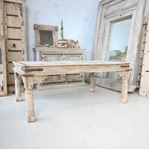Mesa de Centro de Madera Tallada a Mano Estilo Rústico, Muebles de Salón Estilo Granja Antigua con Detalles Metálicos - Product Image 3