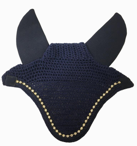 Voile anti-mouches pour cheval en crochet bleu marine avec garniture en strass dorés, protège-oreilles doux et confortables de haute qualité, bonnet équestre fait main pour l'équitation - Product Image 1