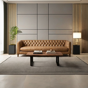 Canapé moderne en cuir véritable écologique 3 places, capitonné avec des boutons, avec pieds en bois, style mid-century, meubles de salon - Product Image 1