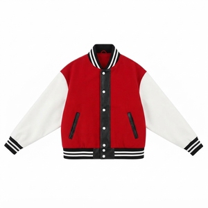 Veste universitaire rouge et blanche pour homme en PU, col rabattu, coupe décontractée, boutonnée, couleur unie, style universitaire, automne - Product Image 1