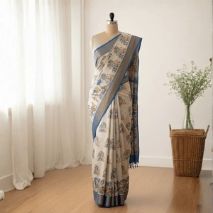 Sari en coton Kalamkari bleu ivoire, imprimé à la main, style traditionnel, vêtement ethnique pour femmes, disponible à la vente, directement de l'usine. - Product Image 5