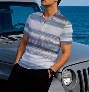 Men's Striped Short Sleeve for Shirt Casual Breathable Cotton Knitted Regular Fit Digital Printed Front Logo 180g - Product Image 6