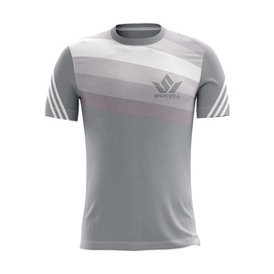 T-shirt de sport pour homme à rayures bleues, col en V, manches courtes, respirant, en polyester tricoté, coupe classique, logo sur le devant - Product Image 5