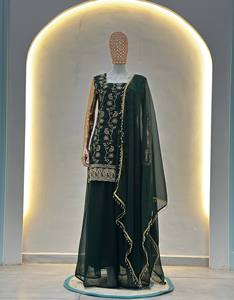 Premium Wine and <b>Emerald</b> Green Embroidered Sharara Suit Set with Chiffon Dupatta Designer Ethnic Party Wear Wedding Outfit - Product Image 1