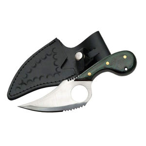 Couteau de chasse artisanal en acier Damas, lame fixe Bushcraft avec crochet à viande VG10, manche en bois et étui en cuir - Product Image 1