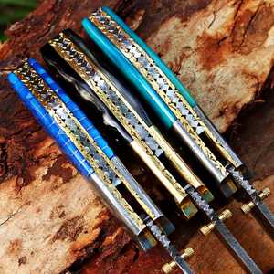 Couteau de poche pliant artisanal en acier Damas avec manche en os teinté, qualité industrielle, verrouillage Liner Lock, pour la chasse, l'extérieur et l'EDC, fabrication usine - Product Image 5