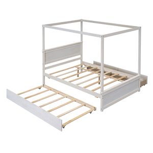 Letto a piattaforma matrimoniale in legno con baldacchino, letto estraibile e due cassetti, supporta doghe - non necessita di rete a molle, elegante finitura spazzolata - Product Image 6