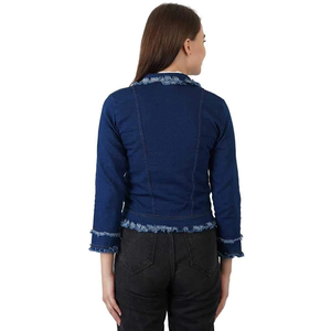 Chaqueta vaquera azul oscuro con cuello y dobladillo deshilachados, lavado descolorido, diseño adornado, venta al por mayor, ropa urbana, cómoda, informal y elegante. - Product Image 2