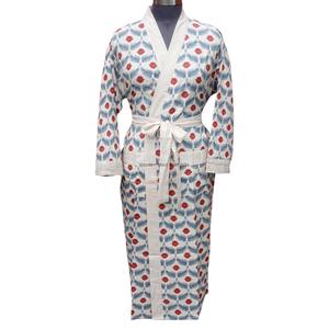 Comfortable Floral Pattern <b>Long</b> Sleeves Cotton <b>Kimono</b> V-Neck Belt Closure Sleepwear Gown Quick Dry Women's <b>Robe</b> - Product Image 1