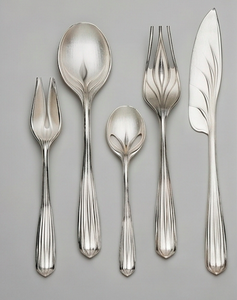 Ensemble de couverts modernes en acier inoxydable avec motif feuille, finition miroir haute brillance, passe au lave-vaisselle, vaisselle de mariage - Product Image 1