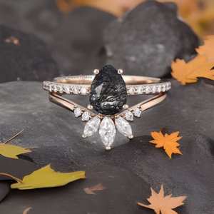 <b>925</b> Sterling <b>Silver</b> Women Pear Natural Pear shaped Black Rutilated Quartz Engagement <b>Ring</b> Marquise Cut Band <b>Rings</b> Anniversary - Product Image 1