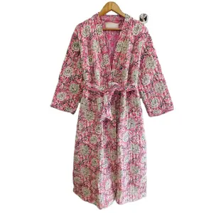 Bridal Pink Casual Wear Blumen druck Baumwolle Kimono Stepp kleid Frauen Sexy Nachtwäsche Kleid Jacke