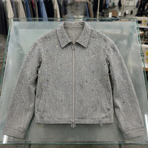 Manufacturer Custom <b>Men's</b> Streetwear Windproof Casual All Print Rhinestone Diamonds Zip-Up Cotton Twill Canvas Front Safari - Product Image 1