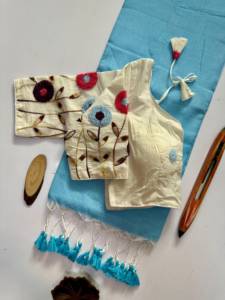 Sari de Algodón Khadi Hecho a Mano por Diseñadores con Blusa de Algodón con Bordado Completamente Cosido - Product Image 5