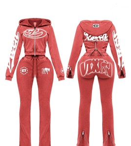 Fall Women Waffle Knit Tracksuit Custom Logo Contrast Piping <b>Cropped</b> <b>Zip</b> <b>up</b> Hoodie Flare Sweatpants Two Piece Streetwear Set - Product Image 3