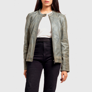 Women's Olive Genuine <b>Leather</b> Moto <b>Jacket</b> Full Sleeve Stand Collar Zipper Closure Autumn Style - Product Image 1