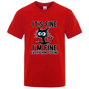 Its Fine Im Fine Everything Is Fine เสื้อยืดลำลองผู้ชายพิมพ์ลายการ์ตูนแมวแขนสั้นคอกลมทรงปกติสีขาว - Product Image 6