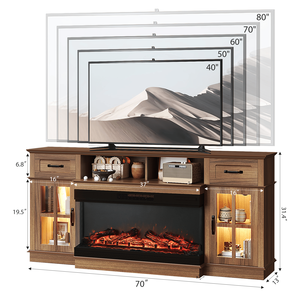 70-Inch <b>Deep</b> Walnut Media Console with Lattice Glass 2 Doors 2 Drawers <b>Shelf</b> for 36\" 3-Sided Fireplace Insert - Product Image 6