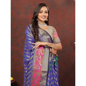 FANCY SUAVE SEDA ZARI TEJER TRABAJO SAREE CON BLUSA SIN COSTAR VIOLETA - Product Image 2