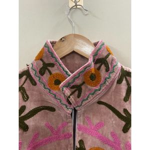 Hand Embroidered Knitted Velvet Cotton <b>Jacket</b> Women Mandarin Collar Full Sleeve Autumn Winter Bohemian Eye Pattern Eco-Friendly - Product Image 2