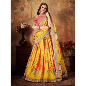 Amarillo Digital Impreso Organza Seda Boda Lehenga Choli Con Blusa Naranja - Product Image 6