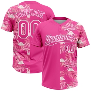 เสื้อซอฟต์บอลแบบยูนิเซ็กซ์สองกระดุม ลายใบปาล์มเขตร้อน 3 มิติ สีชมพูขาว พร้อมลายนกฟลามิงโก้ สินค้าขายดีจากโรงงานโดยตรง - Product Image 1