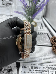 Reloj de Acero Inoxidable con Moissanita, Esfera Marrón, Cristal con Números Romanos, Bisel con Incrustaciones de Piedras, Correa Bicolor, Reloj de Moda - Product Image 4