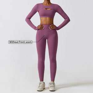 Women's Eco-Friendly Solid Purple 2-Piece Yoga <b>Set</b> <b>Square</b> Neck Sleeveless Crop Top High Waist Leggings Seamless Cut-Out Design - Product Image 2