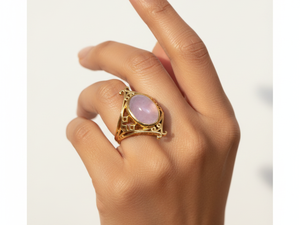 Art Deco Rose Quartz Brass <b>Gold</b> Plated Statement <b>Ring</b> - Product Image 3