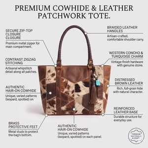 Bolso Tote de Cuero Marrón Estilo Western con Parches de Piel de Vaca, Borla Turquesa y Asas Trenzadas para el Estilo Diario de la Mujer - Product Image 3