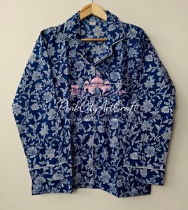 Premium Indigo Blue Hand-Block Floral Print Cotton Summer Quick Dry Breathable Lightweight Women's 2-Piece Pajamas Set - Product Image 3