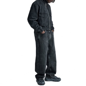Mens Washed Black <b>Denim</b> Bomber <b>Jacket</b> <b>Cropped</b> Utility Cargo <b>Jacket</b> Zip Up Streetwear Outerwear OEM ODM - Product Image 5