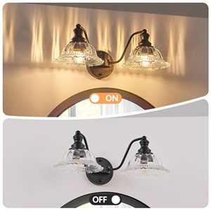 Applique da Bagno Vintage a 2 Luci da 20 Pollici, Elegante Lampada da Parete in Metallo Nero e Vetro - Product Image 6