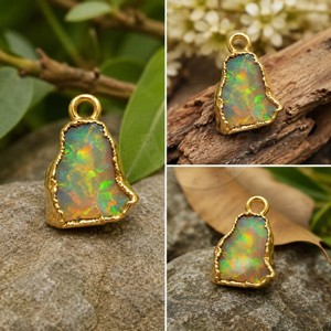 Pendentif en opale d'Éthiopie naturelle plaqué or, breloque en tranche d'opale brute, collier fait main, bijoux en pierres précieuses plaquées or - Product Image 2