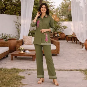 Ensemble en coton brodé vert olive pour femmes, manches trois quarts, pantalon long, style bohème décontracté, à porter toute l'année - Product Image 3