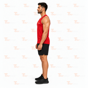 Tiierwear Men's <b>Red</b> Sleeveless Tank <b>Top</b> O-Neck Sporty Breathable Polyester Workout Gym <b>Vest</b> Front Logo Print Gm Tank <b>Tops</b> - Product Image 3