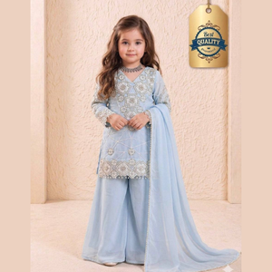 Ensemble Palazzo en Georgette Brodé Renard pour Filles, avec Kurta Ethnique à Manches Longues, Pantalon et Dupatta Fantaisie, Entièrement Cousu, Vêtements pour Enfants - Product Image 3