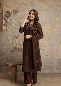 Elegant Brown 60x60 Cotton Designer <b>Suit</b> Set with Floral Embroidered Neckline Straight Kurta <b>Trousers</b> and Dupatta - Product Image 3