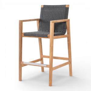 Taburete de Bar Moderno para Exteriores, de Madera de Teca, con Asiento y Respaldo de Cuerda Sintética Tejida, para Bar en Casa e Isla de Cocina - Product Image 1