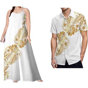 Conjuntos Polinesios al por Mayor para Parejas, Camisa Casual con Estampado Dorado Samoano para Hombre y Rompers de Talla Grande para Mujer, Conjuntos de 2 Piezas, Ropa Tribal - Product Image 4