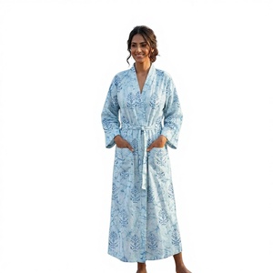 Robe de nuit kimono en coton tissé à motifs floraux imprimés à la main, luxueuse et lisse, légère, pour l'été, vêtement de plage pour femmes, peignoir - Product Image 1
