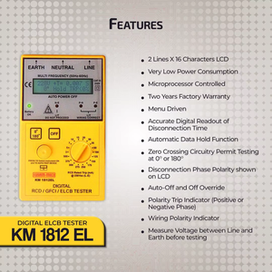 เครื่องทดสอบ RCD GFCI ELCB ดิจิตอลคุณภาพสูง Kusam Meco KM 1812EL เครื่องมือทดสอบเบรกเกอร์ป้องกันไฟรั่วลงดิน จัดจำหน่ายโดย OEM - Product Image 5