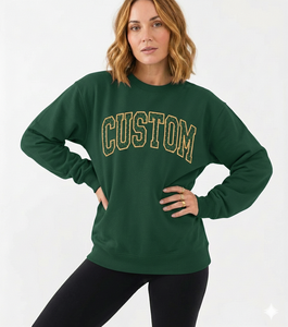 Women Oversized Green Crew Neck Sweatshirt Custom <b>Glitter</b> Print Drop Shoulder Long Sleeve Knitted Cotton Autumn Style - Product Image 1